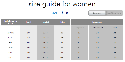 Lululemon Size Chart Australia